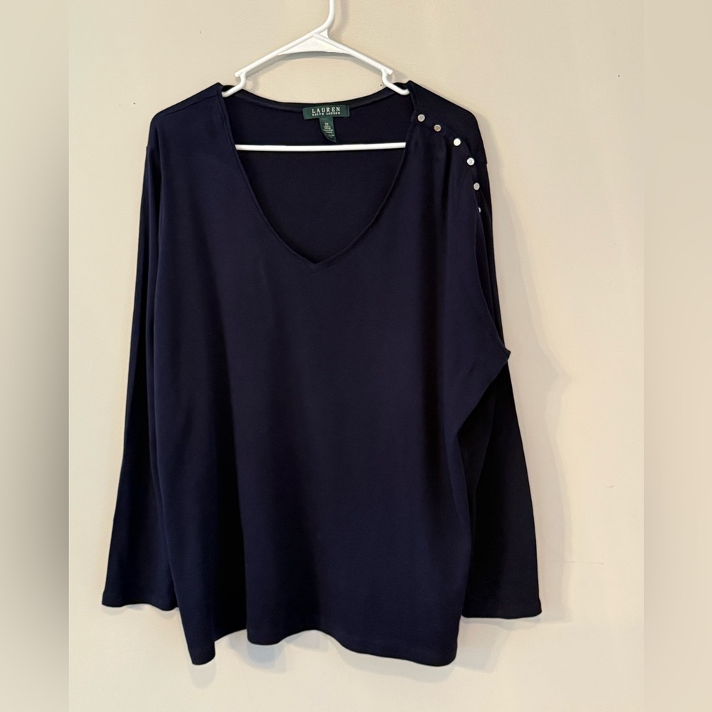 Lauren Ralph Lauren Womens Long Sleeve Top Size 2X Navy Gold Buttons Casual Fall